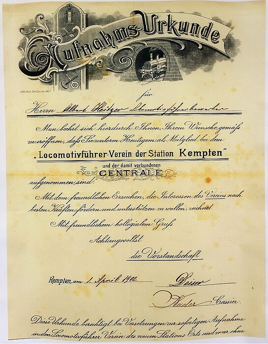 1902: Beitrittserklärung in die OG-Kempten Bild von Hermann Kathan